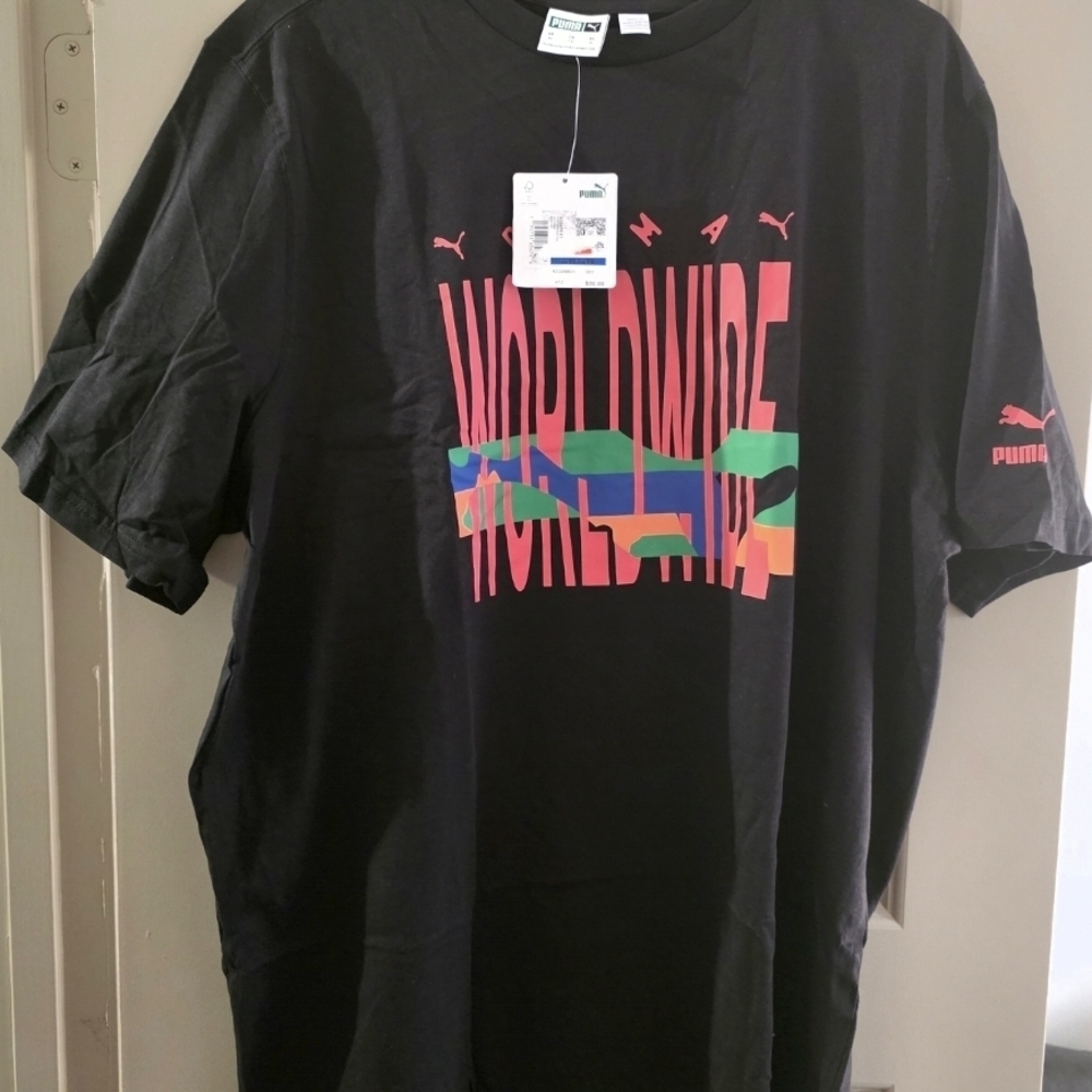 Puma Black Short-Sleeve Tee with Multicolor 'Worldwide' Graphic
